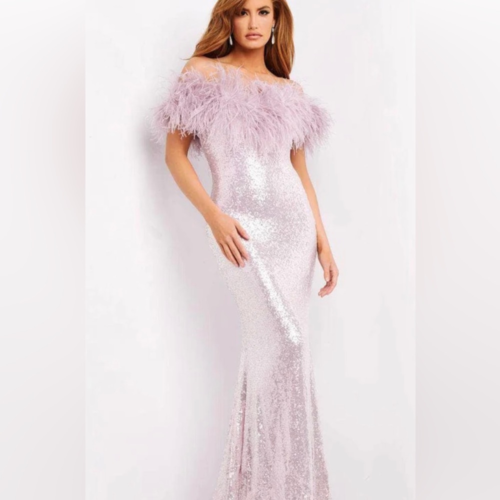 Jovani sequin  feather off the shoulder 06166 gown